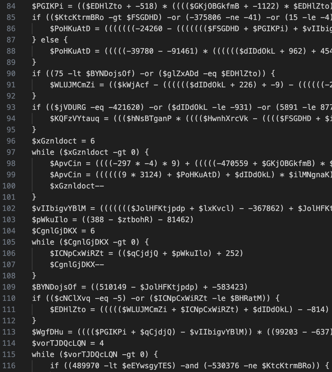 A screenshot of the obfuscated PowerShell-based RAT code snippet with various programming elements such as loops, conditional statements, and arithmetic operations. The code includes variable names, mathematical calculations, and logical operators.
