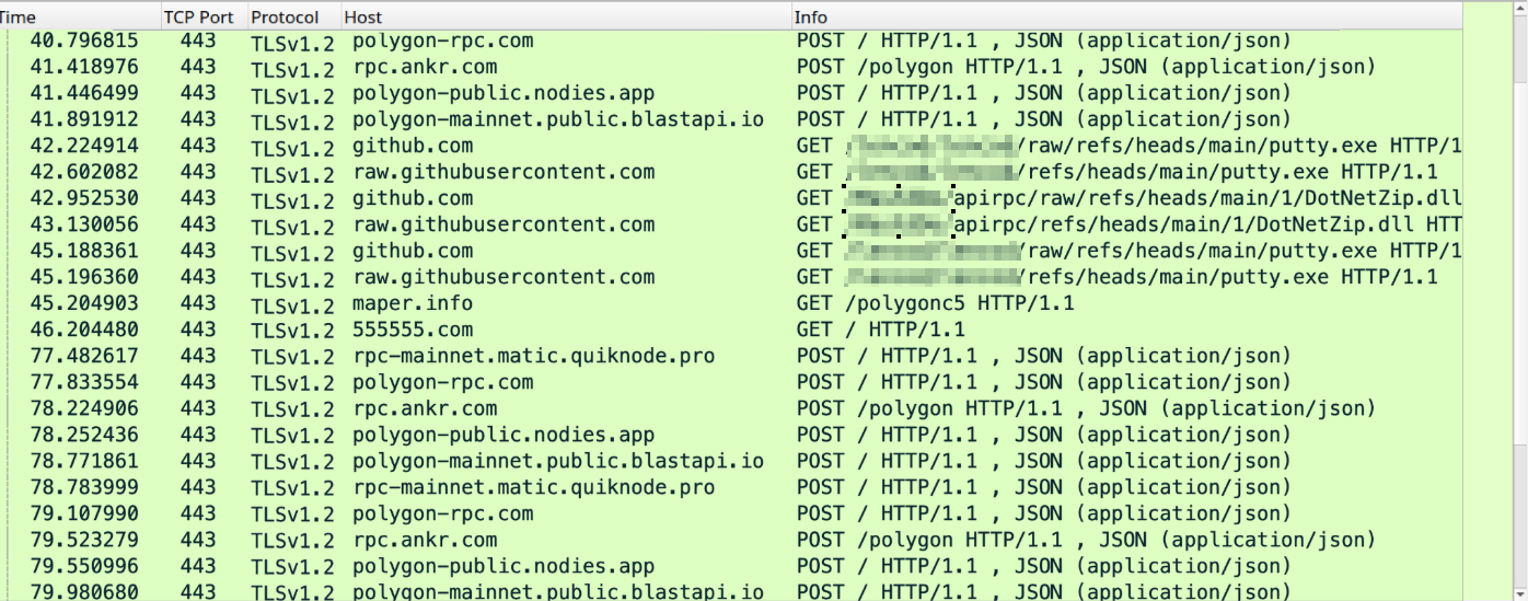 A screenshot of Aeternum C2 and downloader activity log showing multiple entries of HTTP requests. Details include timestamps, ports, protocols, hosts, and request methods.