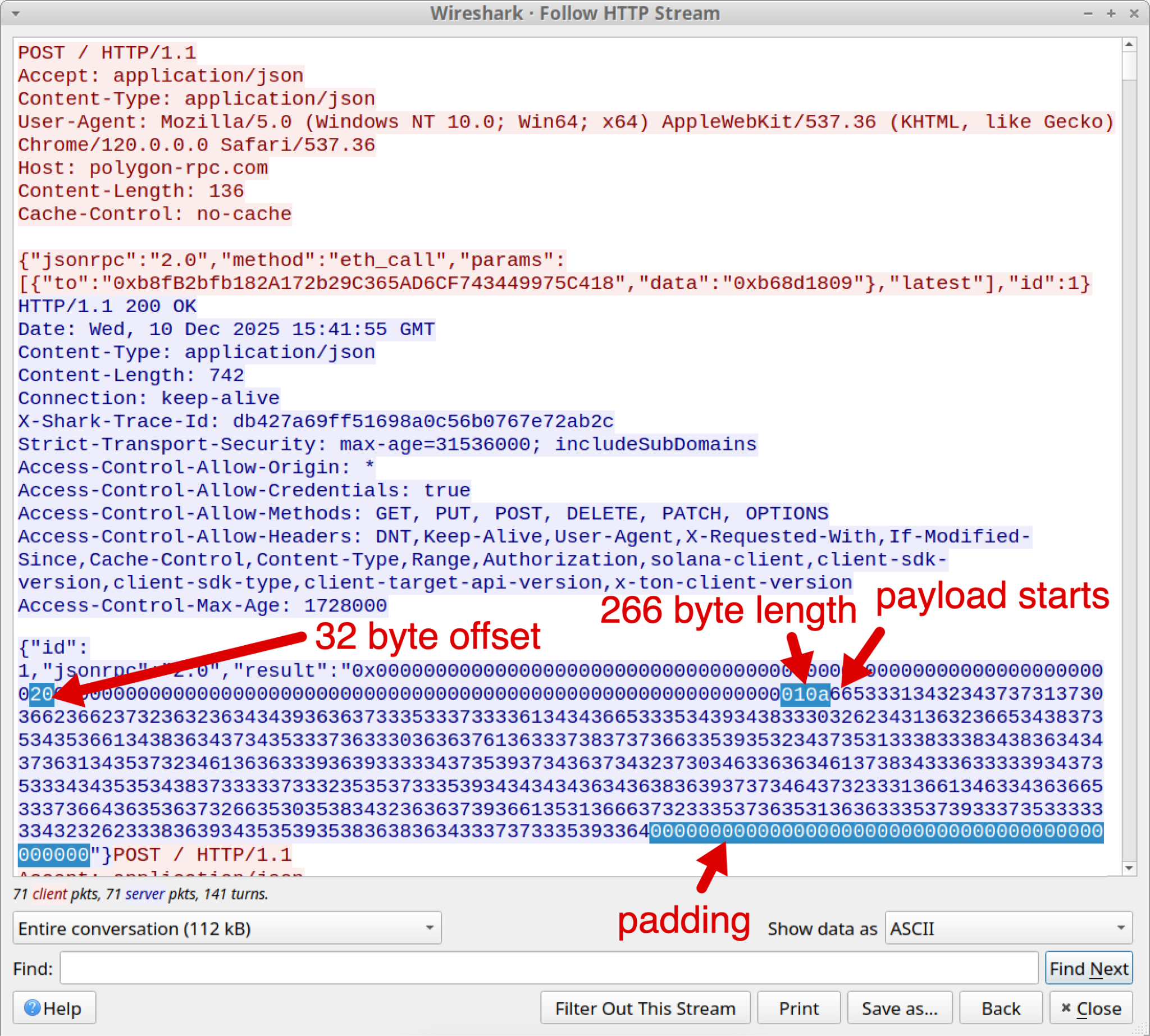 A screenshot of Wireshark displaying HTTP stream details. It shows HTTP headers and payload in hexadecimal and ASCII formats. Red annotations point to a "32 byte offset," "266 byte length," "payload starts," and "padding".