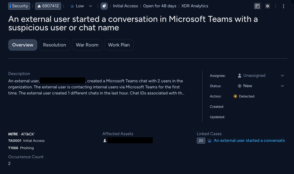 A screenshot of a Cortex alert in an application interface. The alert is titled "An external user started a conversation in Microsoft Teams with a suspicious user or chat name." It shows details like the description of the incident, occurrence count, and affected assets. The description mentions a user creating a Microsoft Teams chat with two users in the organization. Status and assignee fields are visible, but not filled. Other tabs include Overview, Resolution, War Room, and XDR Analytics.