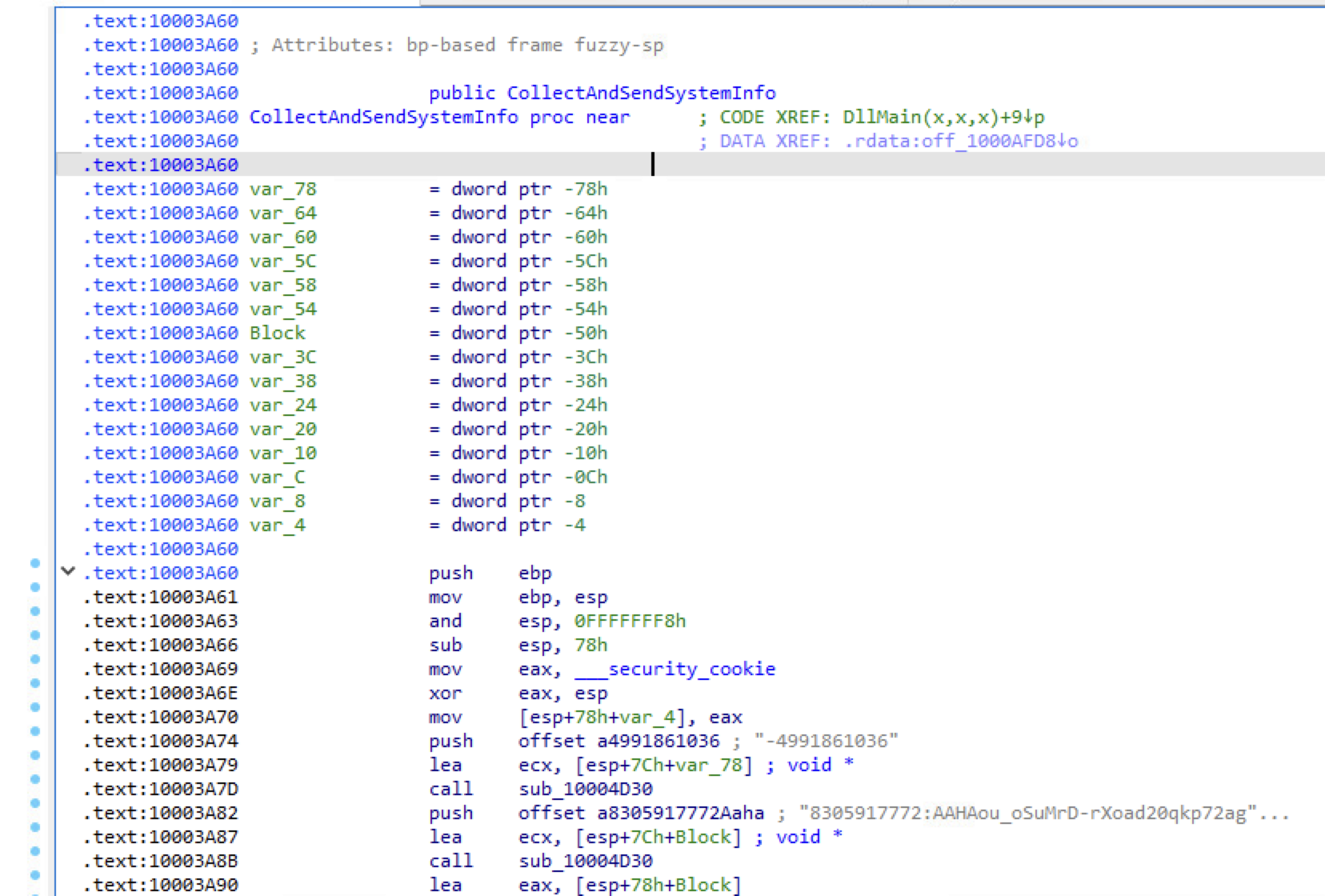A screenshot of a disassembled code snippet from a software analysis tool. The code includes labeled memory addresses, assembly instructions like "push" and "mov," and data reference.