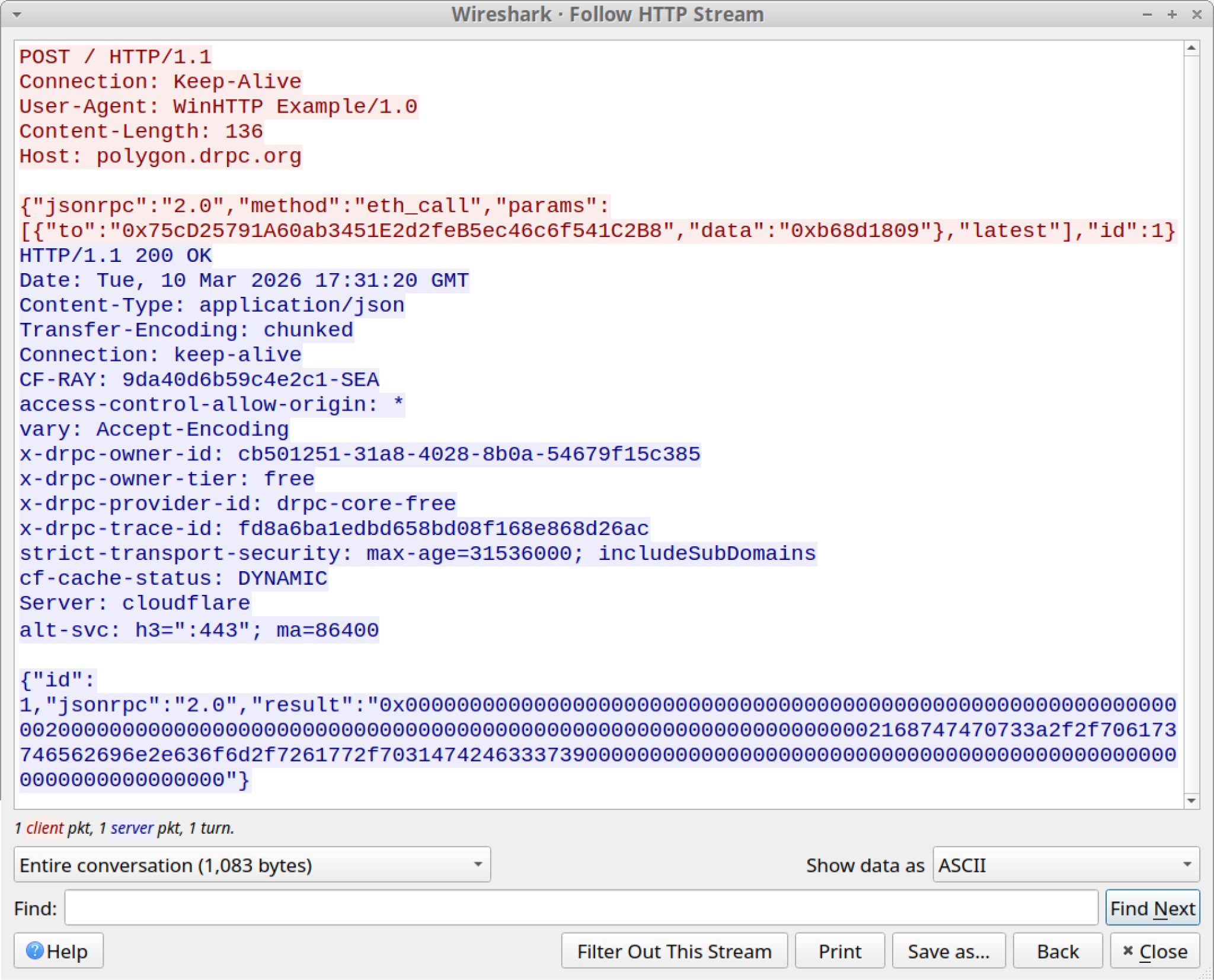 A screenshot of a Wireshark window showing an HTTP POST request. The window displays headers and raw data and specific details. There are fields like "content-type: application/json" and "x-frame-options: SAMEORIGIN." The bottom shows options for filtering and export, with a search button labeled "Find text.
