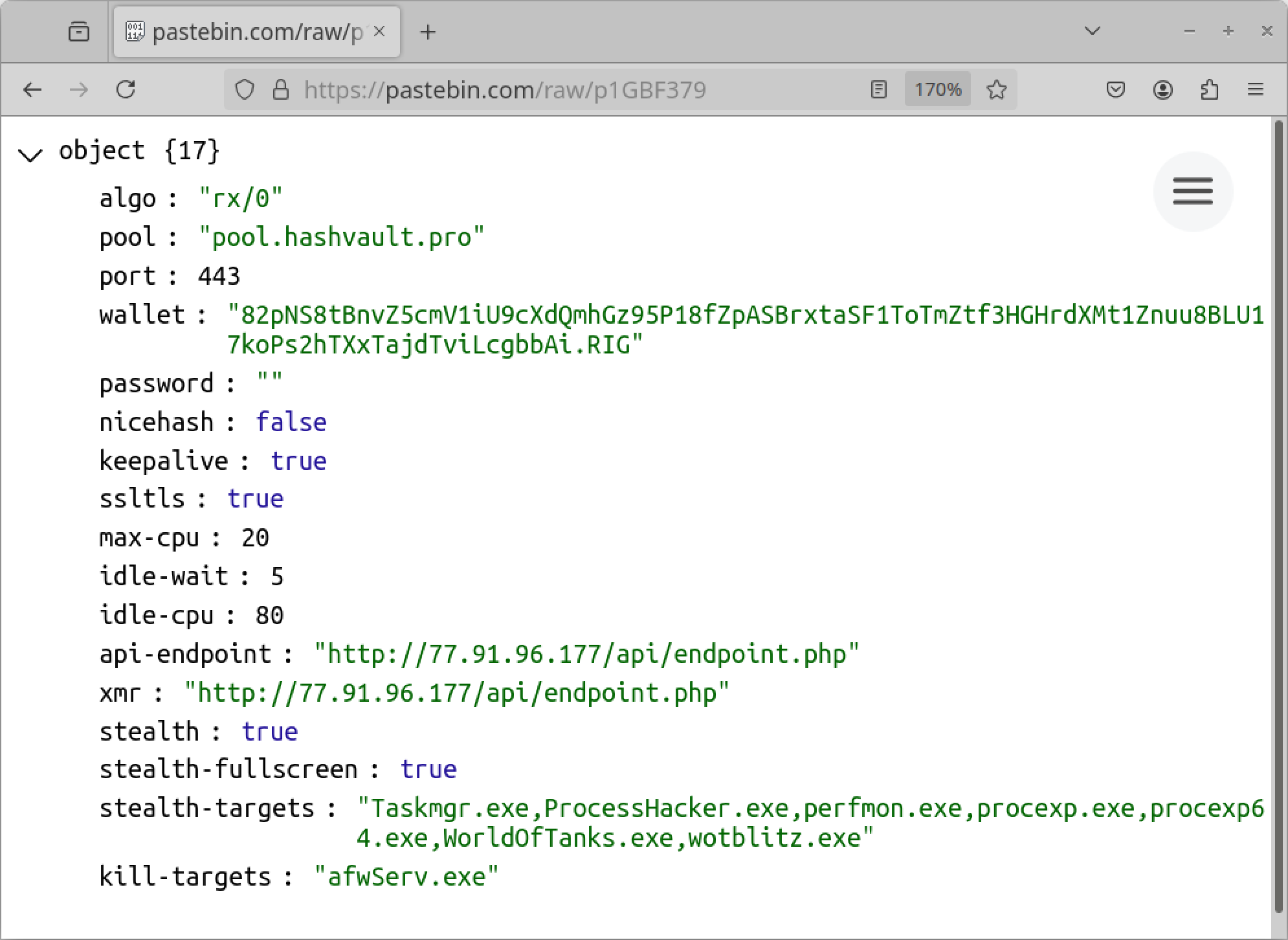 A screenshot of a programming code snippet displayed in a browser window on the pastebin.com website. The code includes parameters for a mining pool, password, and other configurations such as keepalive, SSL, and API endpoints. It lists processes and stealth targets related to a server setup.