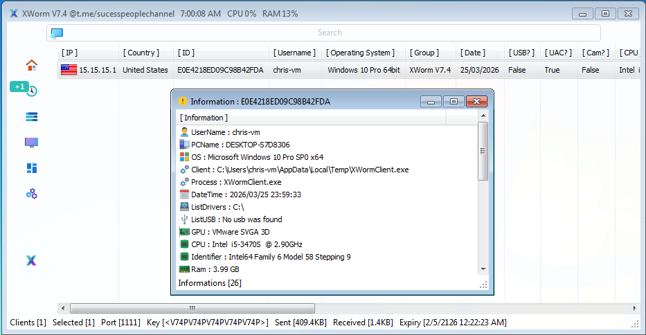 A screenshot of XWorm V7.4, with open windows displaying system information and processes. Details include IP addresses, usernames, and software versions, with CPU and RAM usage at the top.