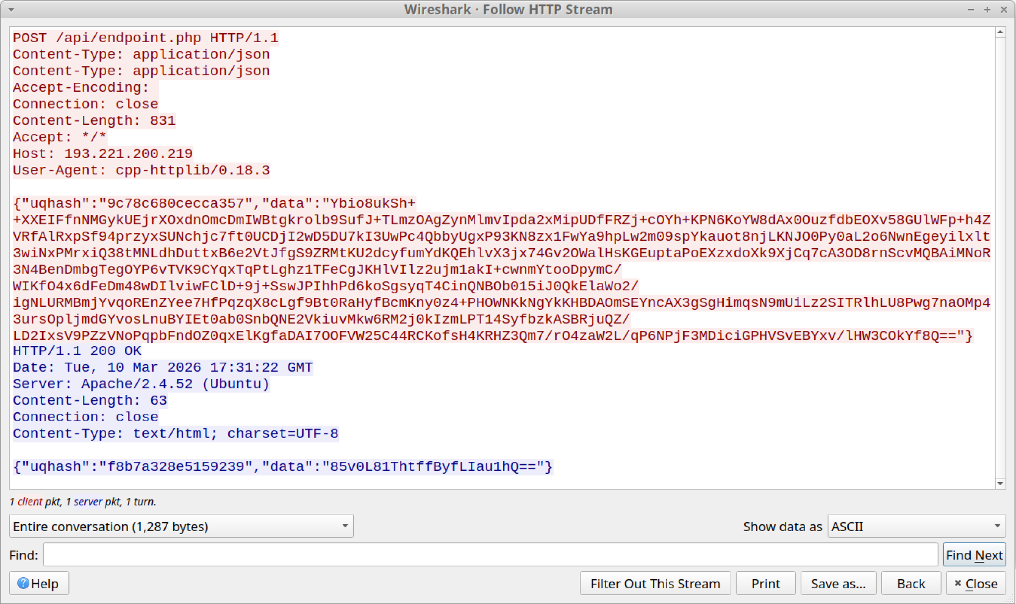 A screenshot of a Wireshark interface displaying HTTP stream data. The window shows a POST request to an API endpoint with headers, including content type and user agent details, followed by JSON data containing encoded information. The interface includes options for data representation and search functions at the bottom.