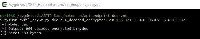 A screenshot of a terminal window displaying a Python decryption command. It shows the file path and commands with input and output file details.