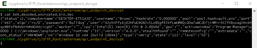 A screenshot of a terminal window displaying the decryption process of an encrypted file. Information includes status code, computer name, username, hash rate, pool details, CPU specifications, client details, and other technical parameters.