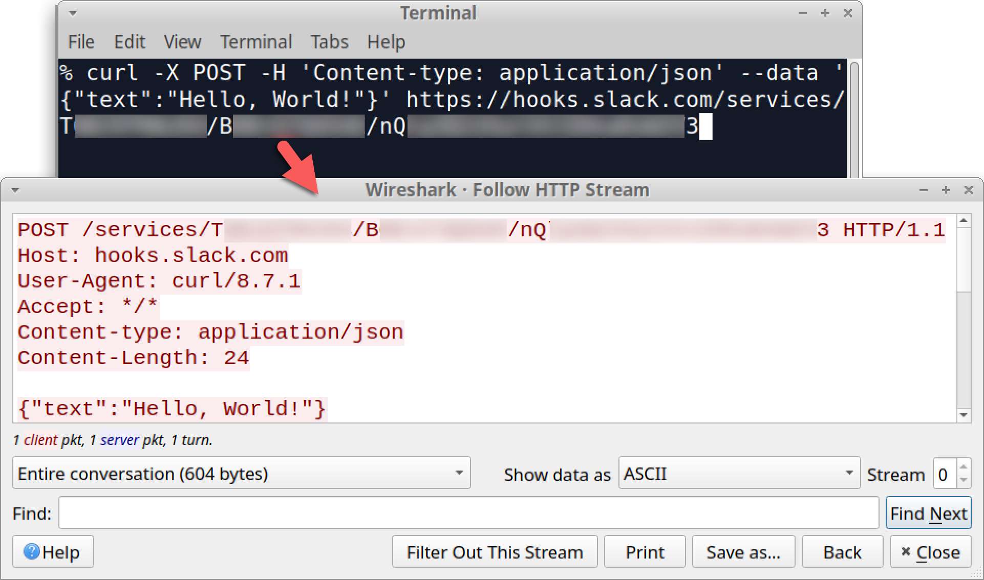 A screenshot of a desktop screen displaying two overlapping windows. The top window is a terminal displaying a cURL command to send a JSON payload with the text "Hello, World!" to a Slack webhook. The bottom window is Wireshark's "Follow HTTP Stream" feature, displaying HTTP request details for the Slack API.
