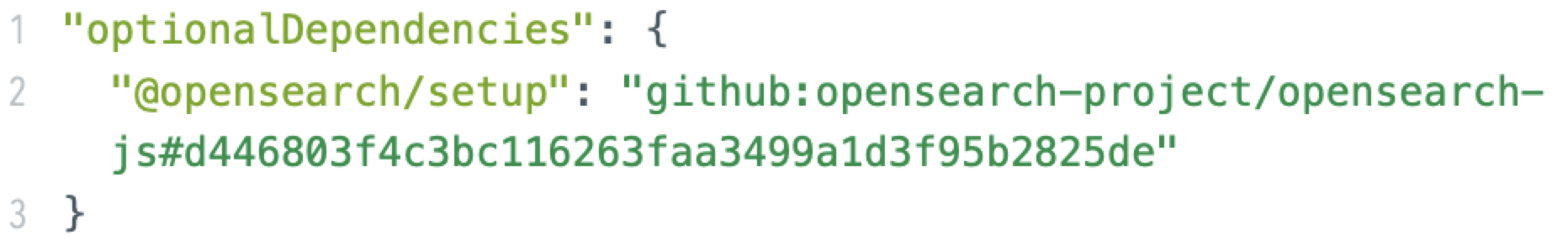 A screenshot of a code snippet showing a JSON object with an "optionalDependencies" key. It specifies a GitHub project related to OpenSearch with a setup path.