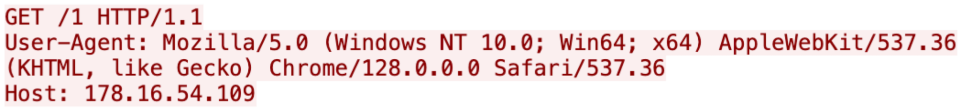 A screenshot of an HTTP GET request. It includes a user-agent string indicating Mozilla/5.0 with Windows NT 10.0 and Chrome/128.0.0.0, followed by a host IP address.