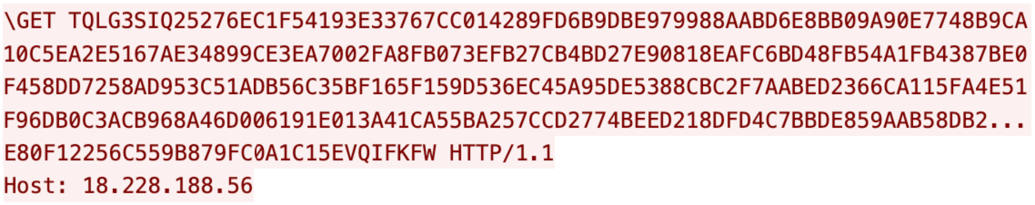 Red text overlaid on a white background, resembling network request or data transmission code, displaying a long string of alphanumeric characters typical in digital communication or coding.