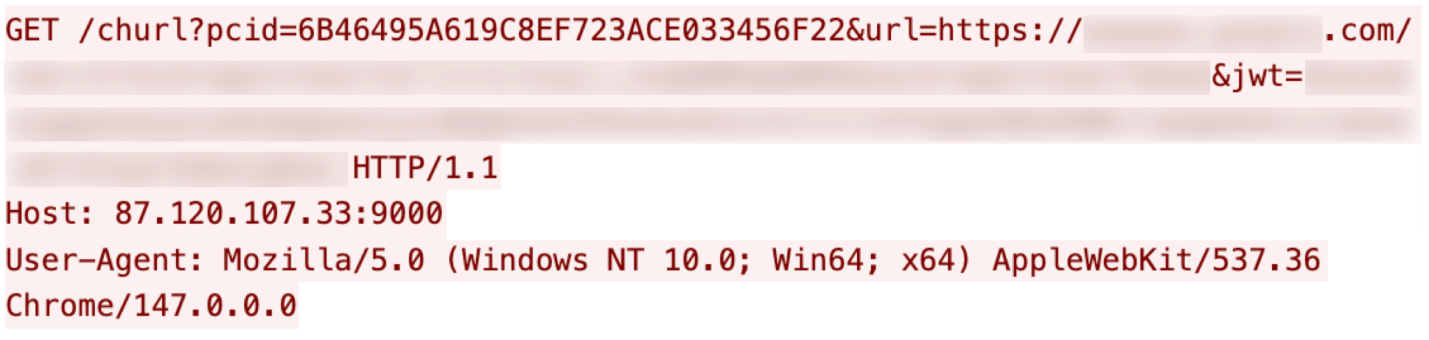 A screenshot of an HTTP GET request. It includes a URL with a masked query parameter and header information such as an IP address, user agent details featuring Windows NT 10.0, AppleWebKit, and Chrome.