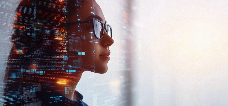 Pictorial representation of a woman in glasses gazing to the side overlaid with glowing digital code and data streams.