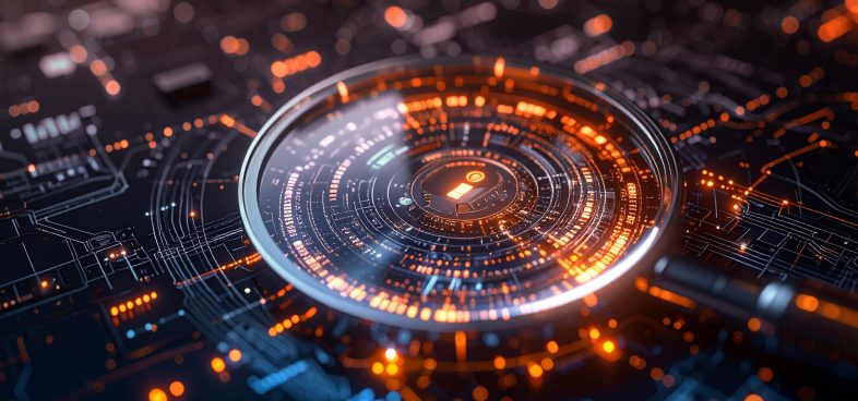 Pictorial representation of a magnifying glass illuminating a glowing orange circular digital circuit interface on a dark, high-tech background.