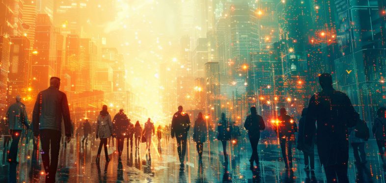 Pictorial representation of attackers using AI tools to target Latin American organizations. A vibrant cityscape with silhouettes of numerous people walking along a bustling street. The scene is illuminated by bright urban lights and digital-like particles, creating a dynamic and futuristic atmosphere.