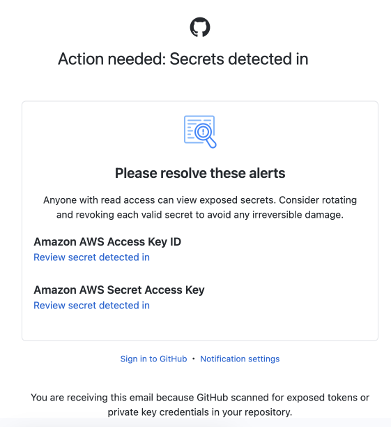 A screenshot of an alert on GitHub about detected secrets. The alert advises resolving issues with exposed Amazon AWS Access Key ID and Secret Access Key. Links are provided to review the detected secrets. Options to sign in to GitHub and adjust notification settings are available.