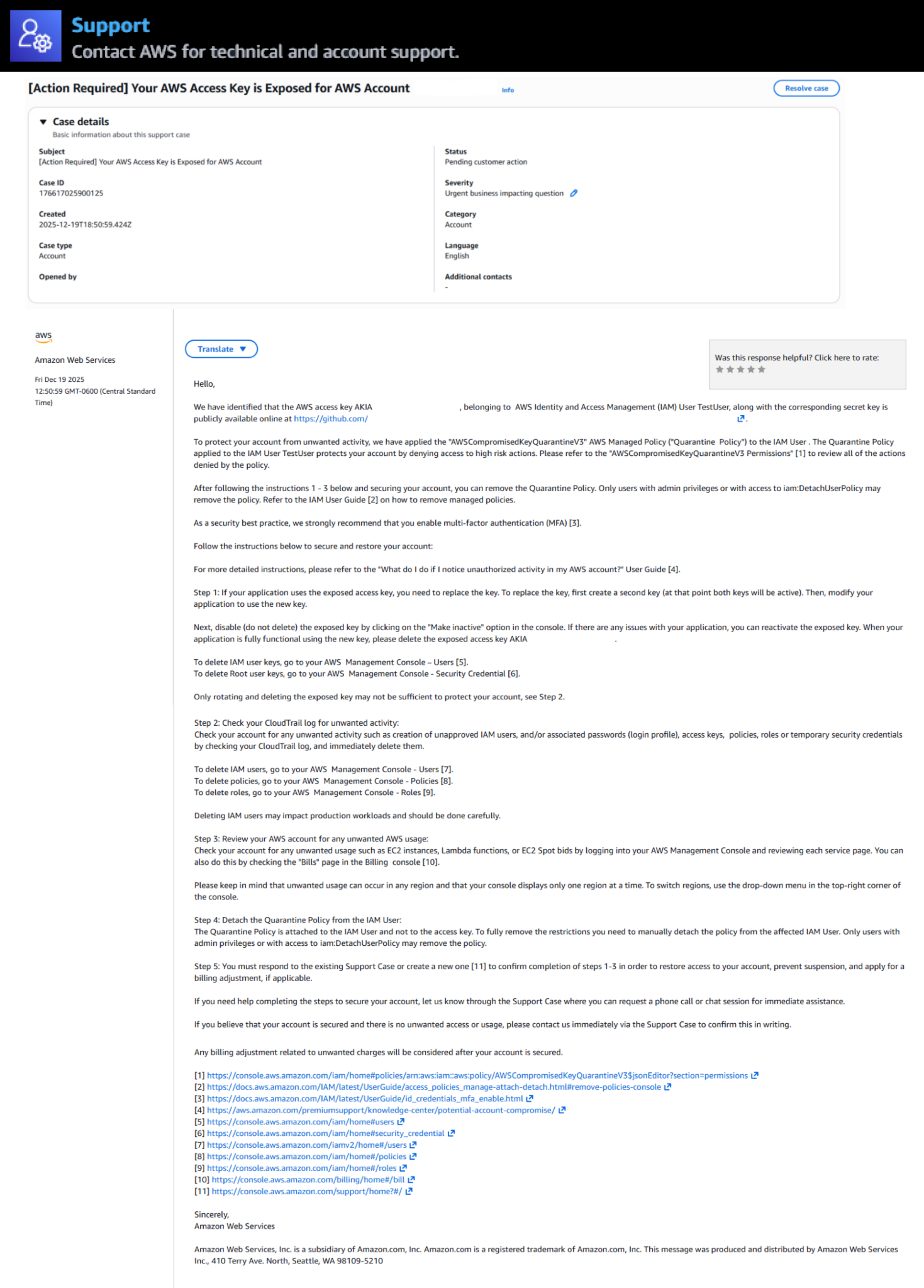 A screenshot of an email alert from AWS Support. The subject is "[Action Required] Your AWS Access Key is Exposed for AWS Account." It includes a table with customer and account details, and a detailed message advising actions to secure the exposed AWS access key. The message outlines steps for rotating the access key and includes links for additional resources.