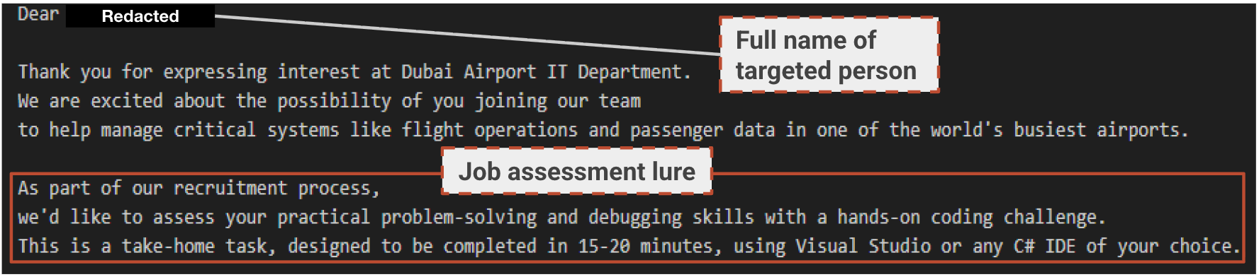 Screenshot of a scam email claiming interest from Dubai Airport IT Department. The email mentions assessing problem-solving and debugging skills with a coding challenge using Visual Studio or any preferred C# IDE, suggesting a home task estimated to take 15-20 minutes.