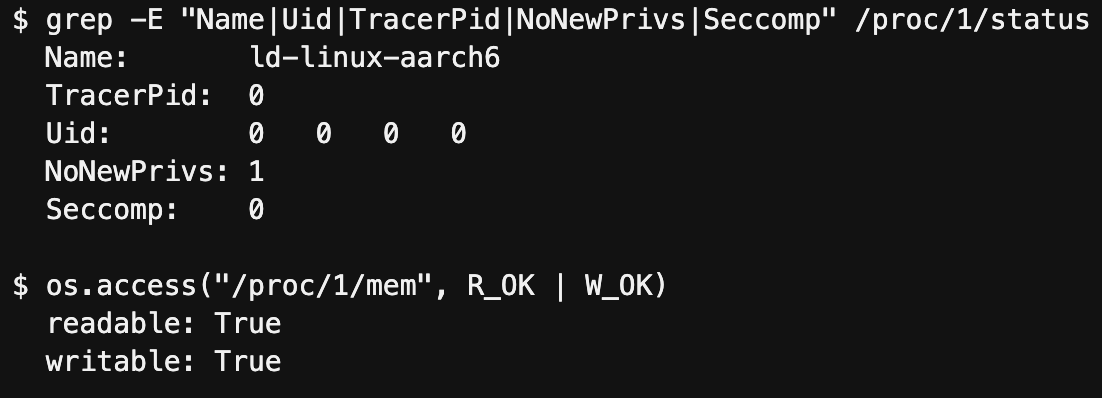 A screenshot of a terminal displaying code. The first command uses grep to filter the status of a process, showing details like Name, Pid, Uid, and Seccomp. The second command checks access permissions, indicating readability and writability as true.