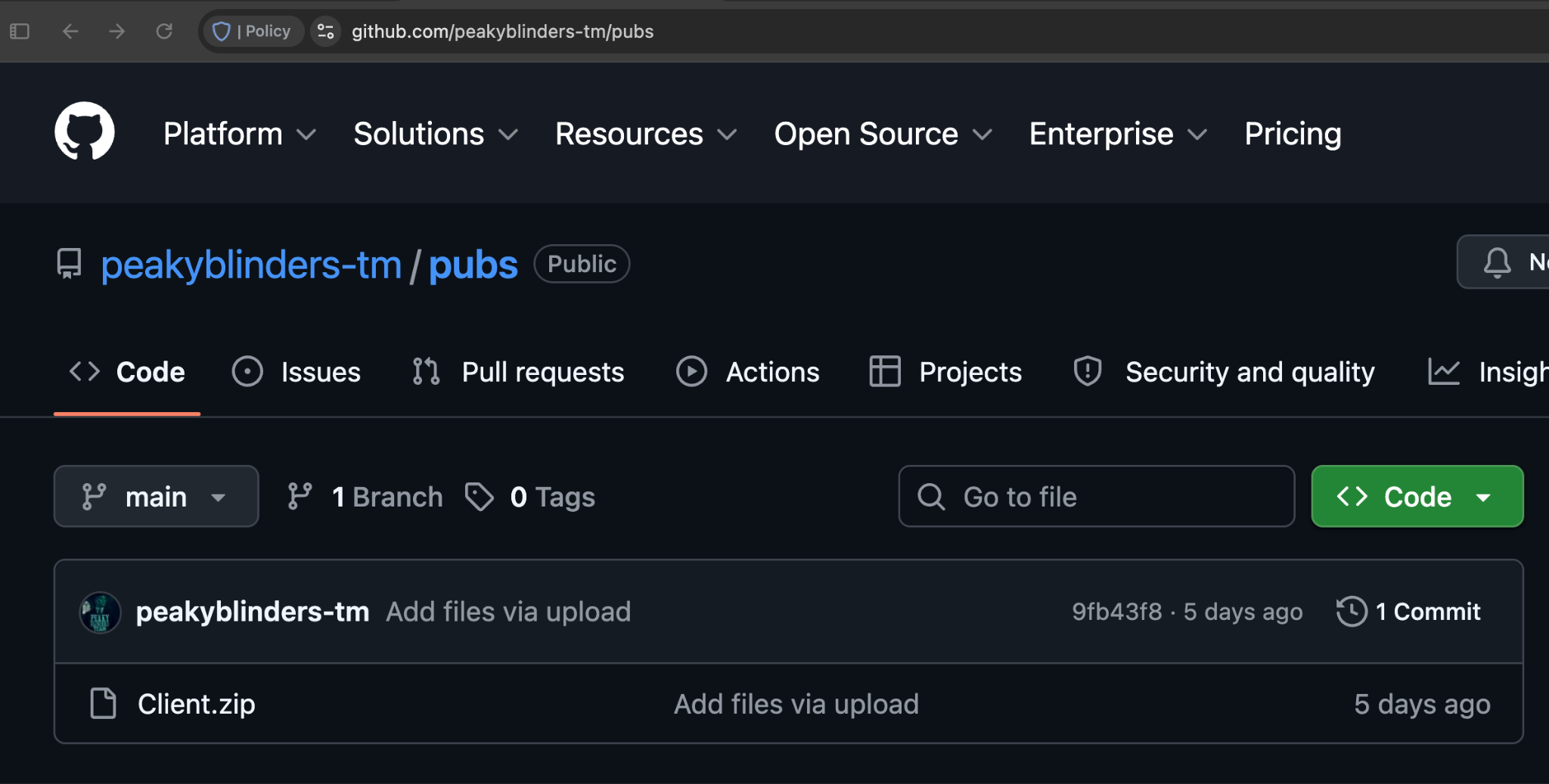 Screenshot of a GitHub repository page for "peakyblinders-tm/pubs". The repository has one branch and no tags, with the latest commit labeled "Add files via upload".