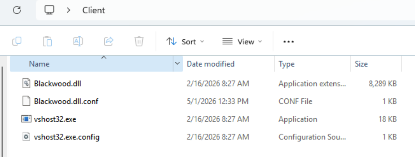 Screenshot of a File Explorer window displaying a folder named "Client" with several files. The files vary in type and size, with modification dates listed.