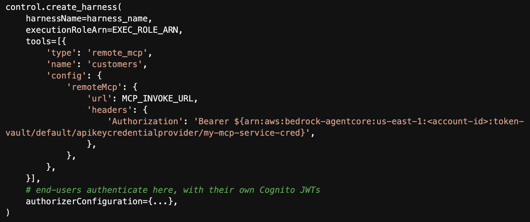 A screenshot of a code snippet showing the configuration for a remote MCP customer harness, including URL and header information. The configuration includes an authorization token with a placeholder for account ID.