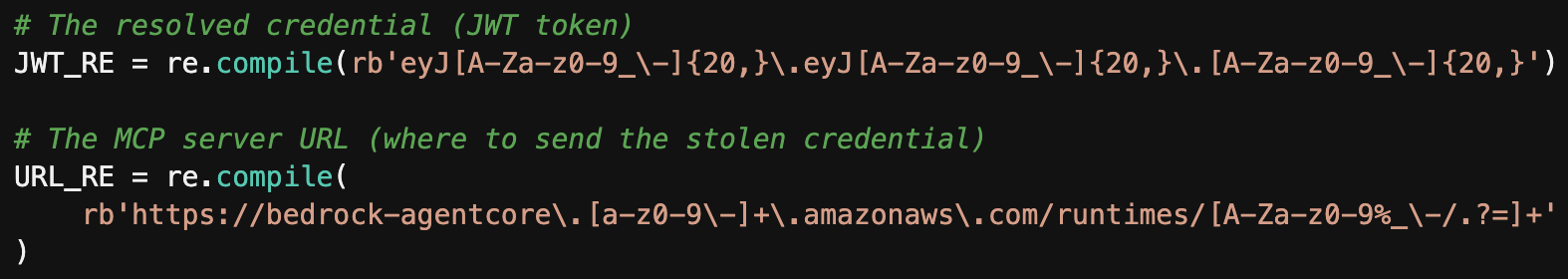 A screenshot of a code snippet with regular expressions for JWT tokens and a URL. The URL mentioned is associated with "bedrock-agentcore" and includes "amazonaws.com.