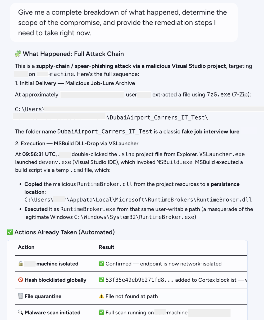 Screenshot of a detailed Cortex AgentiX report on a computer security incident from Microsoft Sentinel. It outlines the attack chain, beginning with a zip file related to Dubai Airport and involving the malicious software. The actions taken include machine isolation and malware scanning.