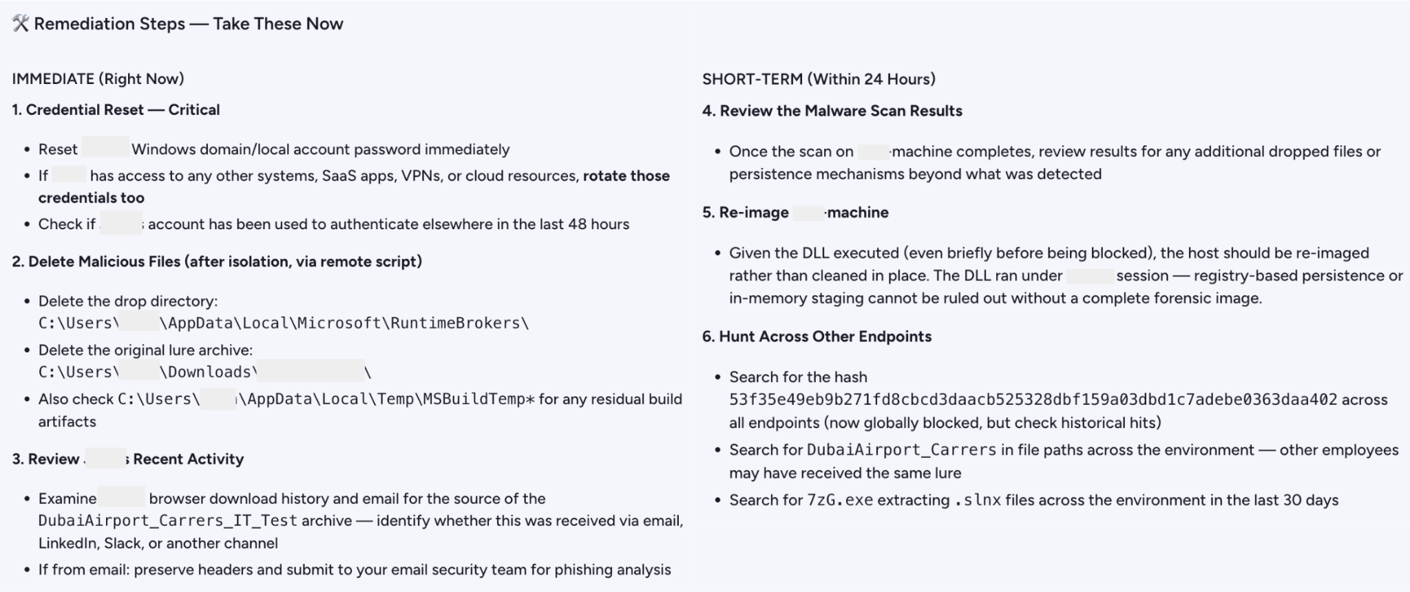 Screenshot of Cortex AgentiX remediation steps with sections labeled "IMMEDIATE (Right Now)" and "SHORT-TERM (Within 24 Hours)". It includes instructions such as credential resets, machine isolation, reviewing malware scan results, and checking other endpoints. Steps detail path examples and emphasize the importance of time-sensitive actions.