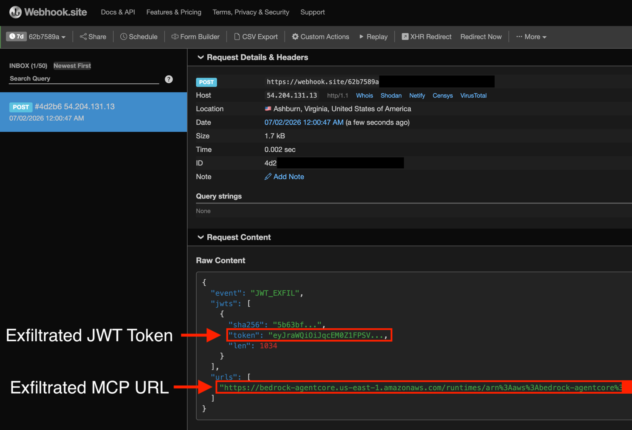 A screenshot of a Webhook.site interface showing a request details page. The page includes information about a POST request, with fields for host location, and an MCC URL. The raw content section highlights an exfiltrated JWT token and an exfiltrated MCP URL.