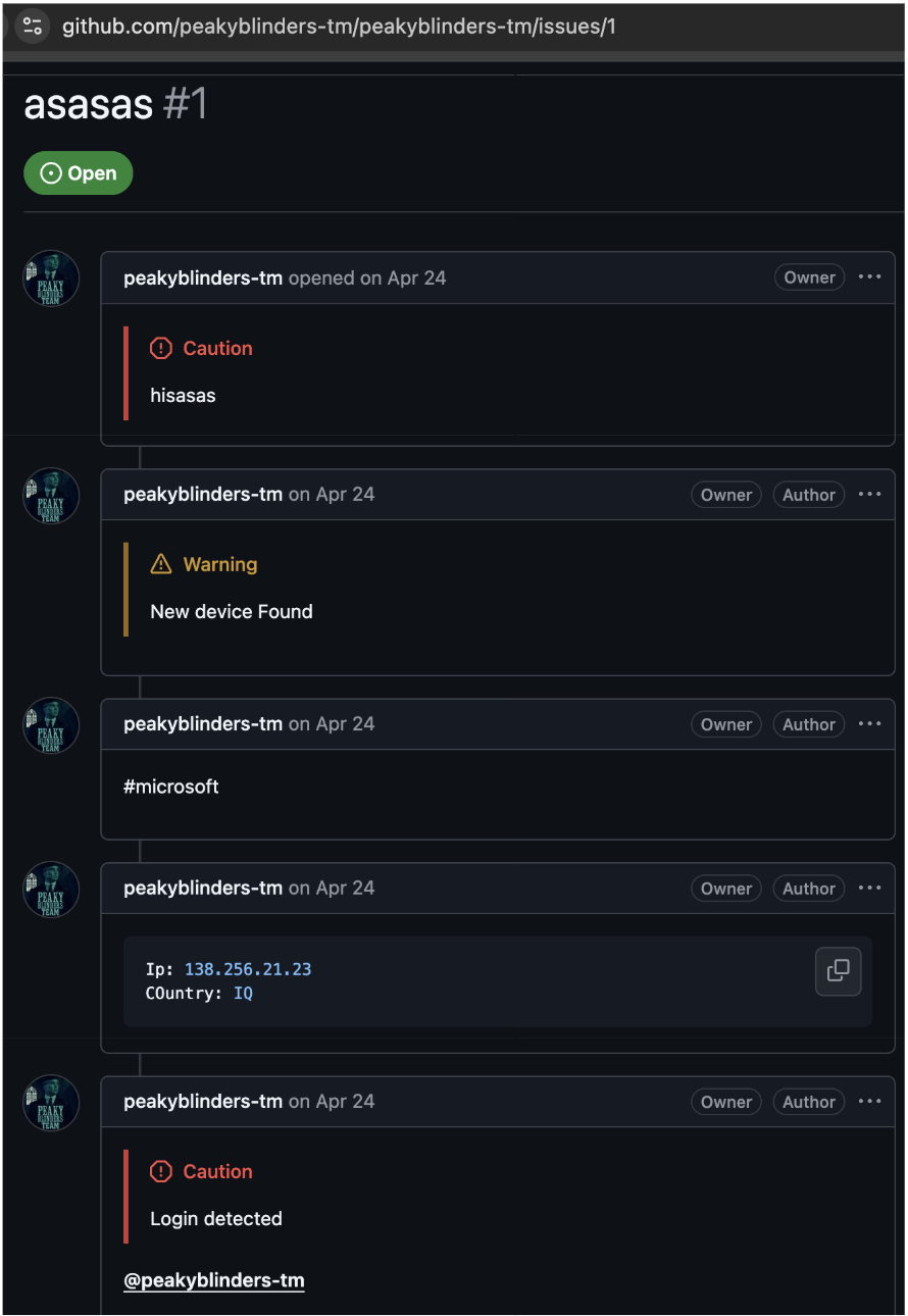 Screenshot of a GitHub issue titled "asasas #1" in the "peakyblinders-tm" repository. The issue is open and contains comments with cautionary messages. One comment notes an IP address and country, while another mentions "Login detected" with a mention of the user.