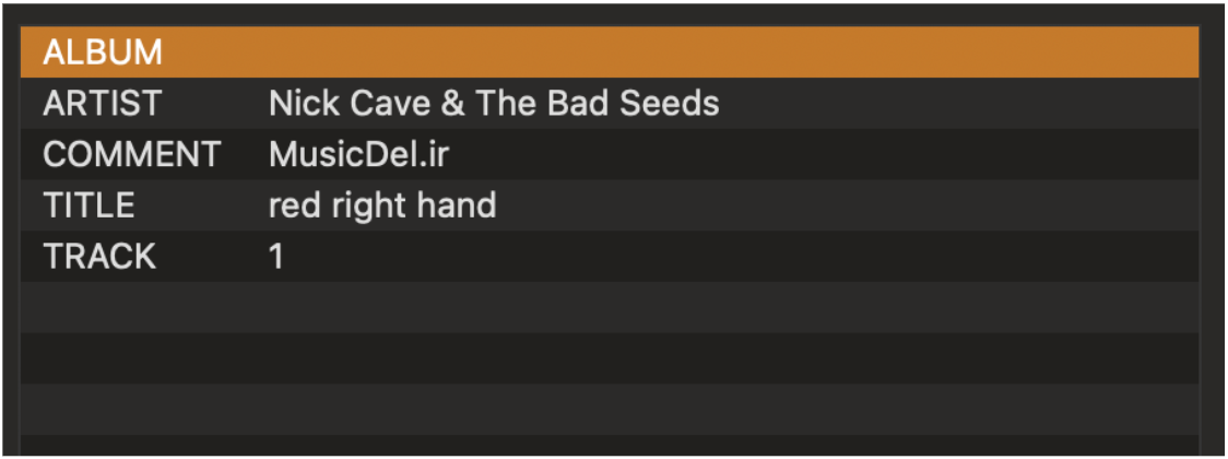 An album audio file information display shows: Artist - Nick Cave & The Bad Seeds; Comment - MusicDel.ir; Title - red right hand; Track - 1.