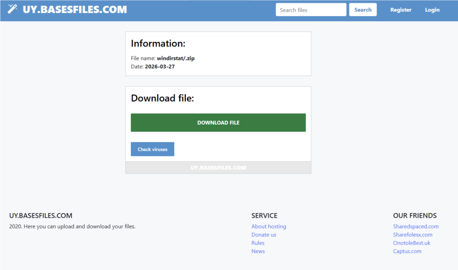 A screenshot of a webpage displaying a file download section. There’s a large green button labeled "Download File" and an option to "Check viruses." The footer includes links to hosting details and mentions of partner sites.