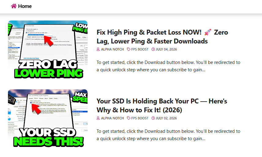 A screenshot of a website page showing two featured articles. The first article discusses fixing high ping and packet loss for improved downloads. The second article is about optimizing SSD performance. Both articles include bold headlines and colorful images.