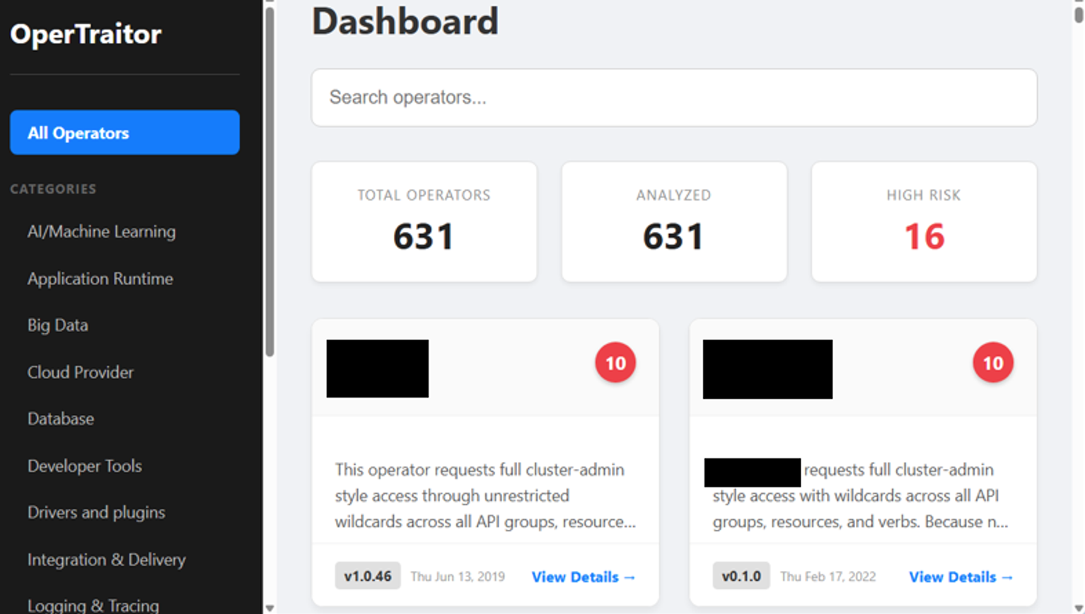 A screenshot of OperTraitor dashboard. It includes a search bar for operators, statistics showing 631 total and analyzed operators, and 16 high risk. Two sections below provide details on specific operators, both marked with a red "10" indicating alerts. The sidebar shows categories such as Machine Learning, Big Data, and Observability.