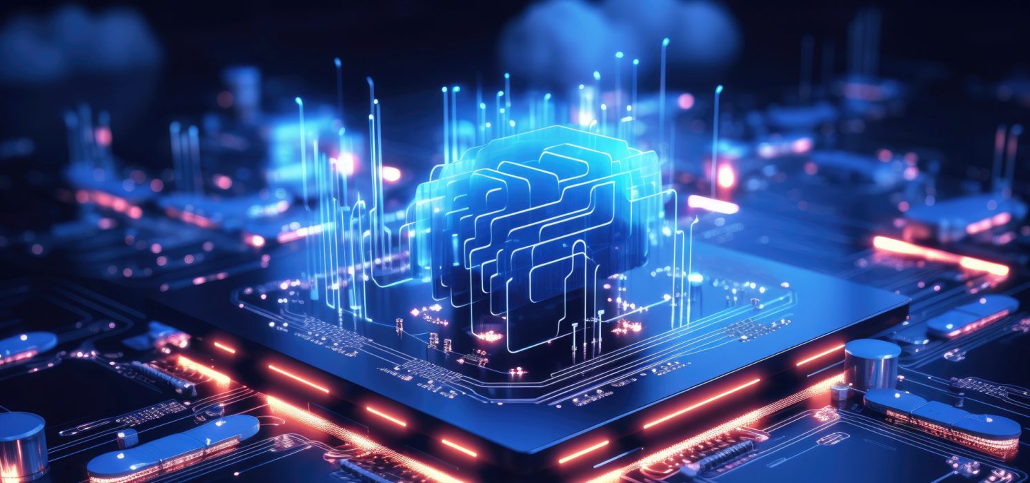 Pictorial representation of AI-powered campaign targeting government infrastructure. A glowing, blue, brain-shaped structure floats above a central microchip on a circuit board. The scene is futuristic, with neon lights illuminating the interconnected pathways and components.