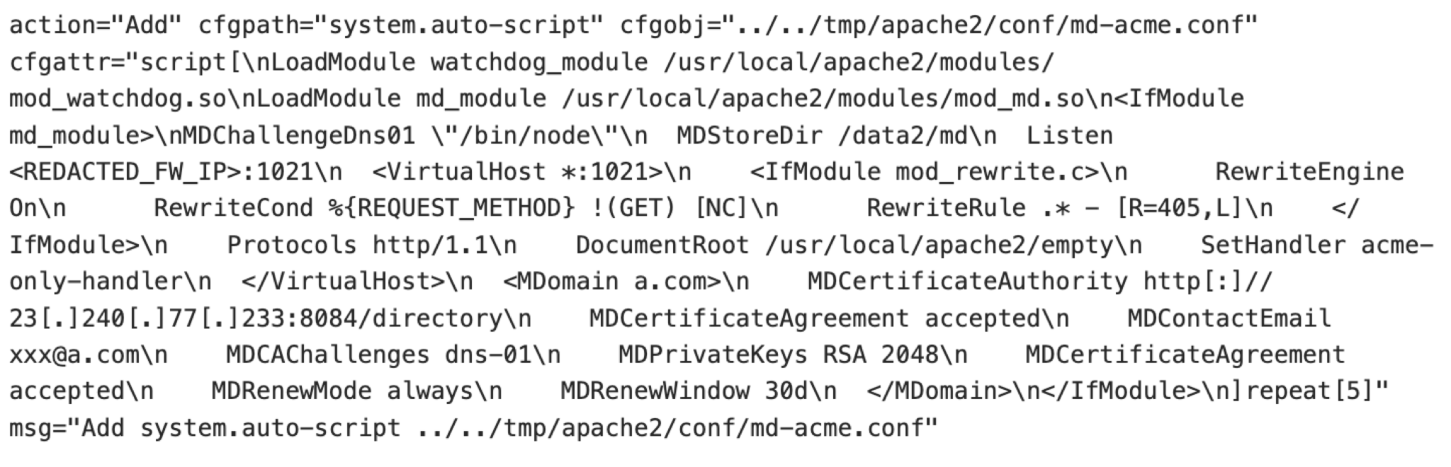 Screenshot of a configuration script written in a command-line environment. The script appears to involve Apache server settings, with commands related to modules and certificates. Some content, such as an IP address, is redacted for privacy.