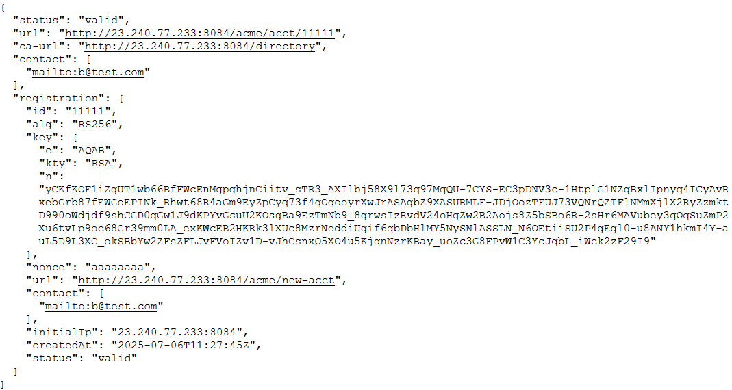 Screenshot of a JSON data structure related to user account and status information. It includes details like "status," "contact," "registration," and URLs with an IP address.