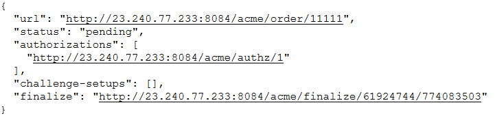 Screenshot of a JSON code snippet showing an order status as "pending" with URLs for authorizations and finalization.