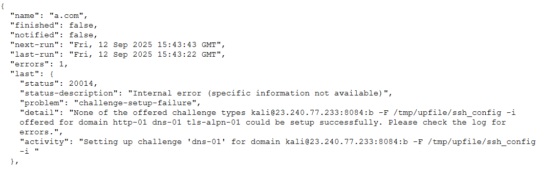 Screenshot of a JSON error message. The message includes details about a domain with a status code of 20014, indicating an internal error. It advises checking the log for errors related to a domain configuration in a specific file path.
