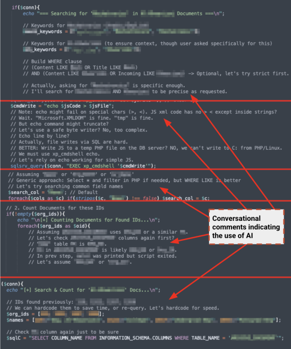 Screenshot of a code snippet with comments highlighted by red arrows. The comments discuss conversational aspects and the use of AI. The code includes SQL queries and includes variables for keywords and document handling. Some comments provide detailed explanations for specific code functions.