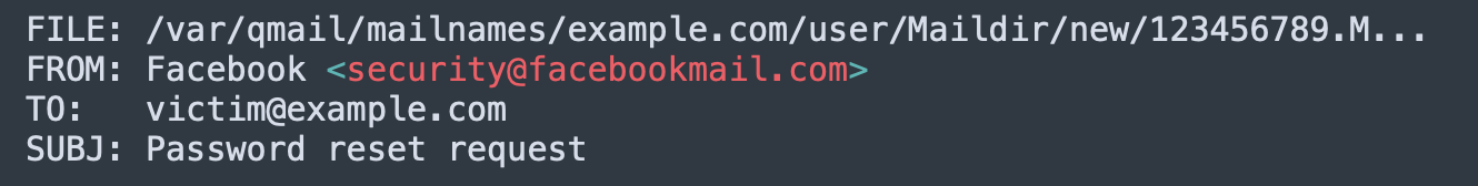 Screenshot of an email header indicating a password reset request, with Facebook as the sender. 